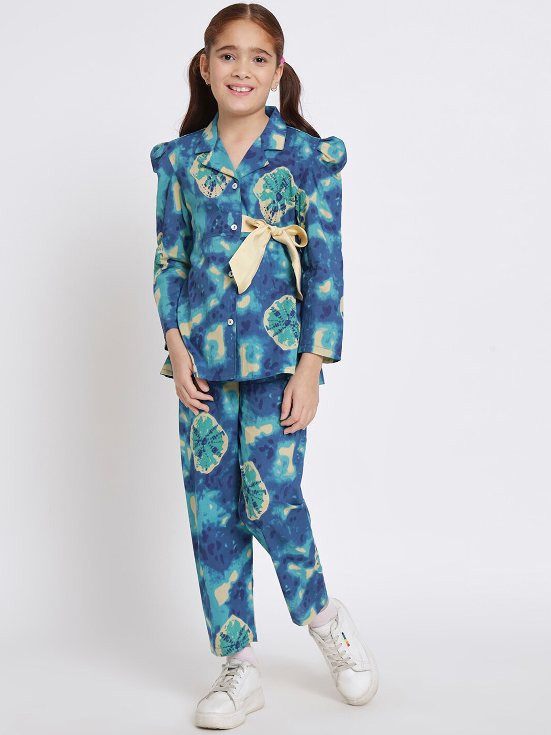 

Readiprint Girls Printed Shirt Collar Puff Sleeves Shirt with Trousers, Blue
