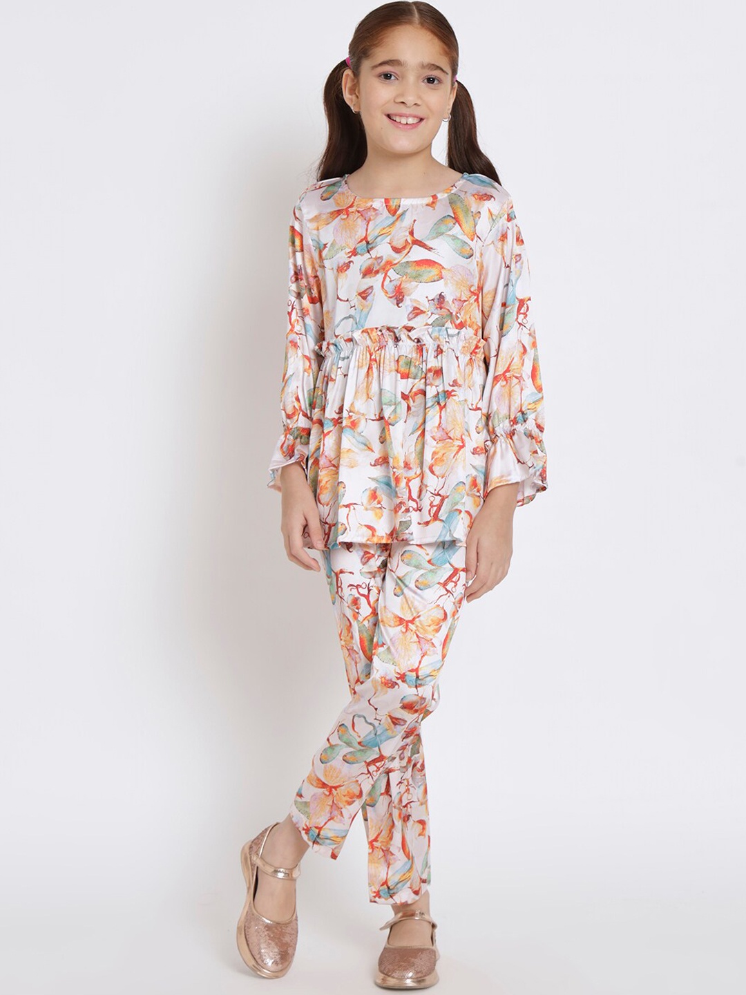 

Readiprint Fashions Girls Floral Printed Satin Top & Trouser, White