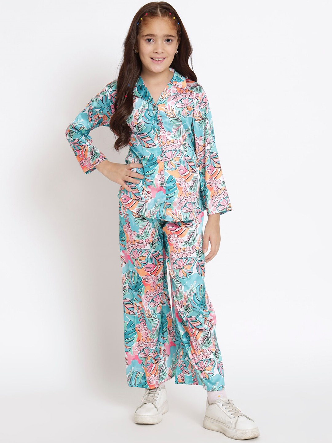 

Readiprint Fashions Girls Tropical Printed Shirt Collar Long Sleeves Shirt with Trousers, Sea green