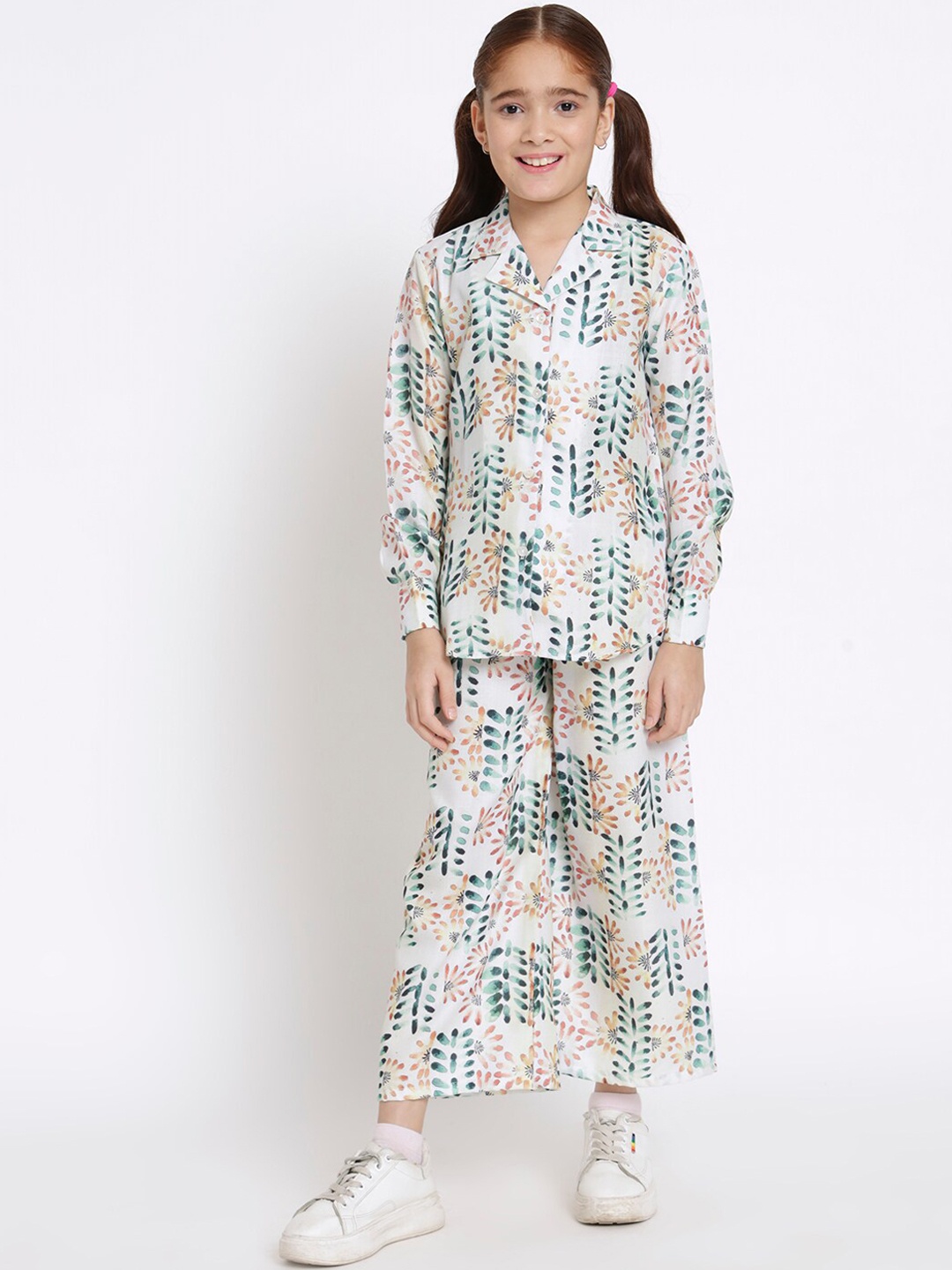 Readiprint Girls Floral Printed Pure Cotton Shirt With Trousers, Green
