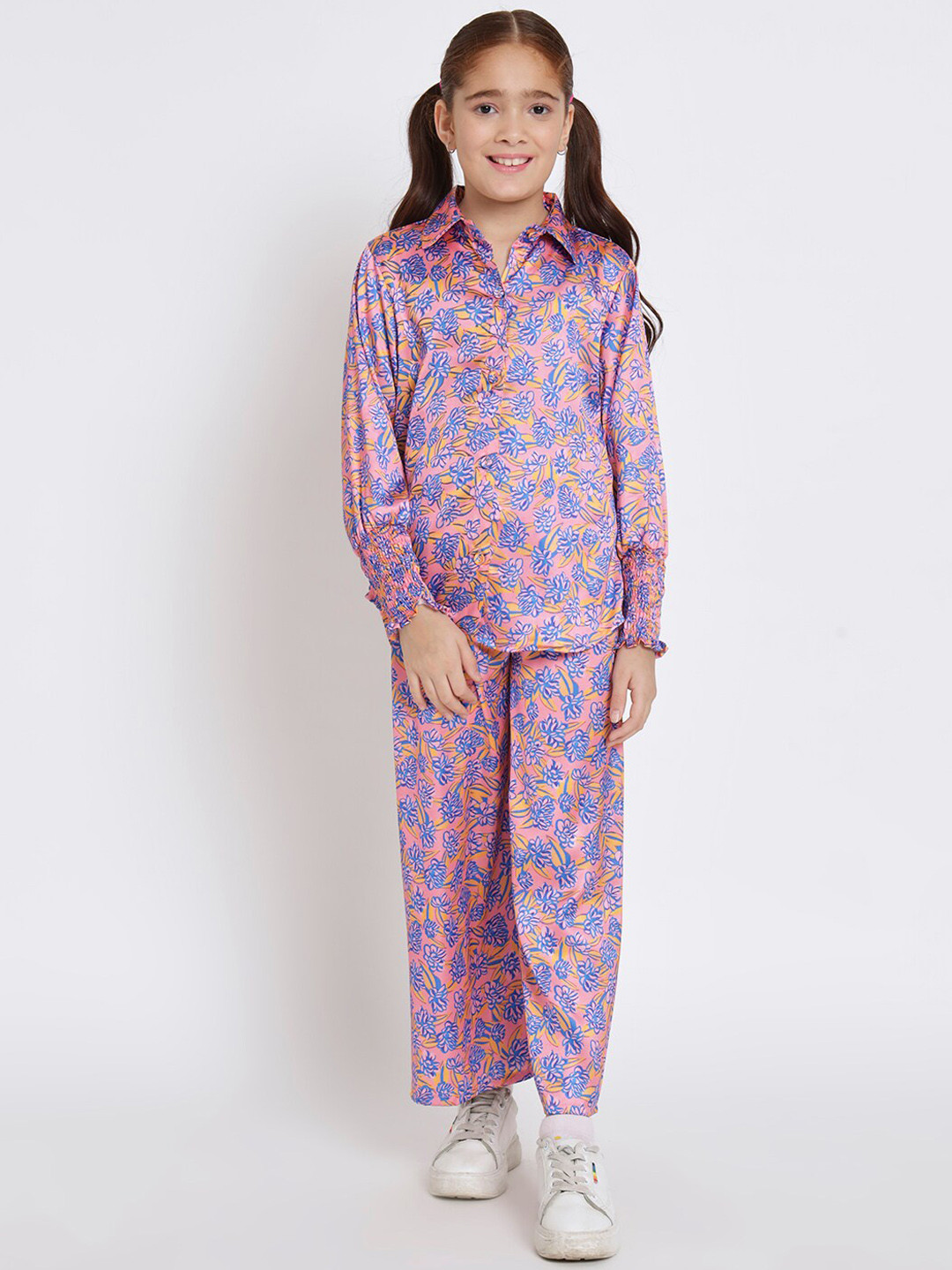 

Readiprint Fashions Girls Floral Printed Shirt Collar Long Sleeves Shirt with Trousers, Pink