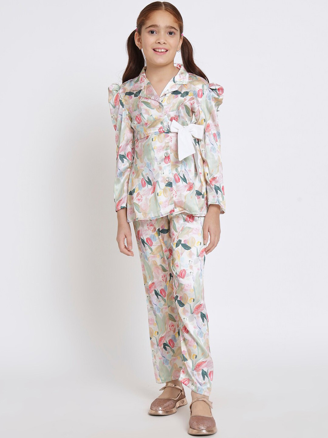

Readiprint Fashions Girls Floral Printed Satin Shirt & Trouser, White