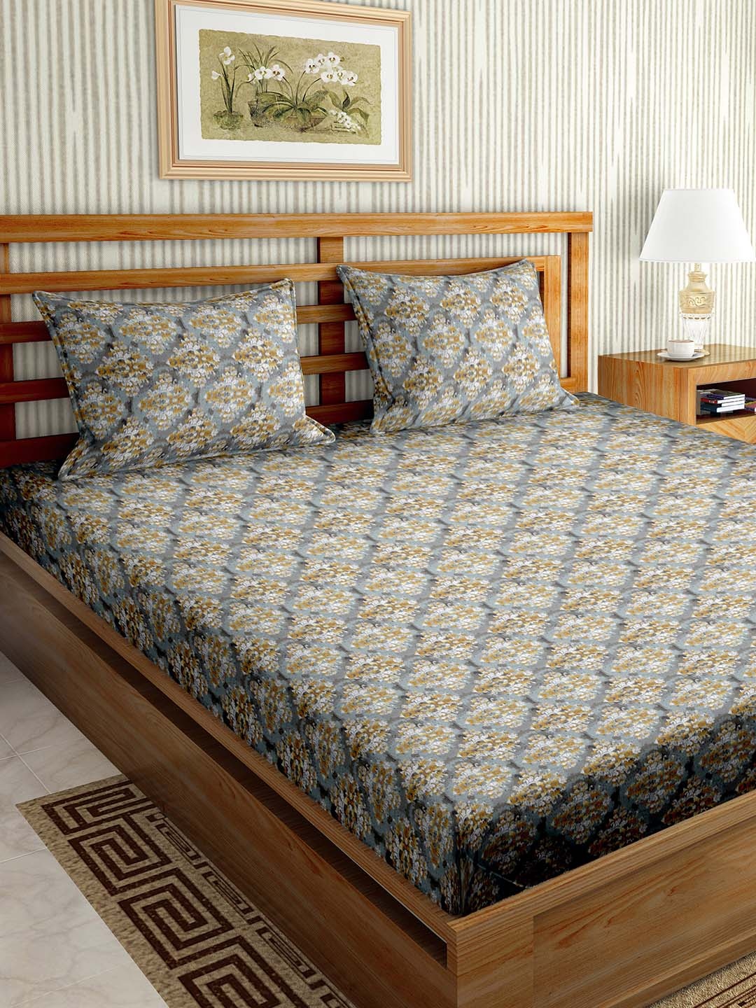 

BELLA CASA Paris Grey & Orange Floral Cotton 180 TC Super King Bedsheet & 2 Pillow Covers
