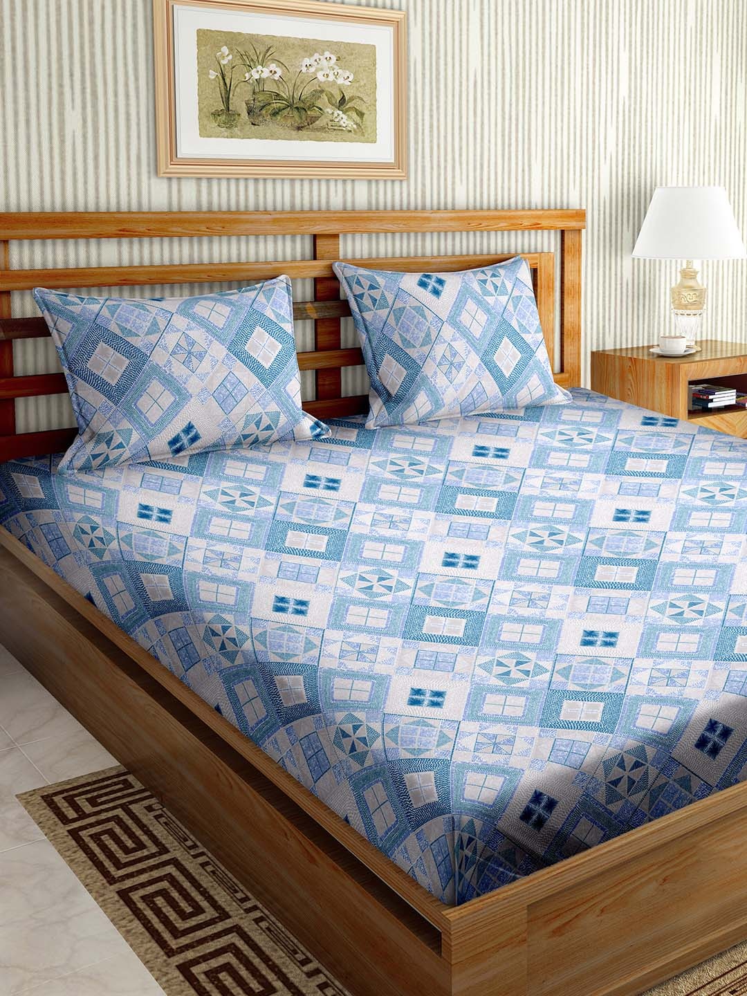 

BELLA CASA Paris Blue Geometric Cotton 180 TC Super King Bedsheet & 2 Pillow Covers