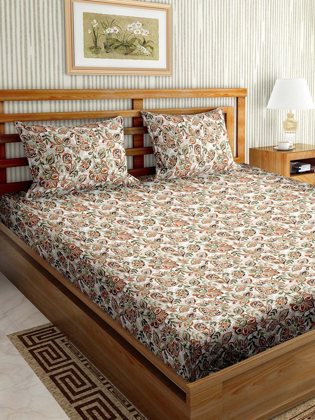 

BELLA CASA Paris Brown & White Floral Cotton 180 TC Super King Bedsheet & 2 Pillow Covers