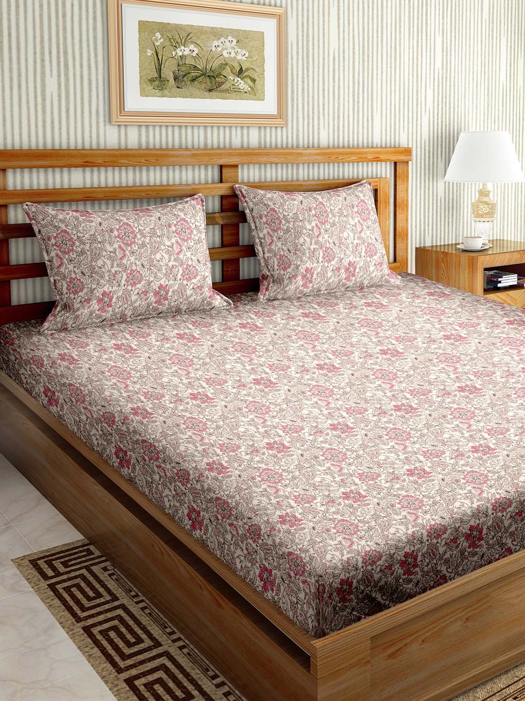 

BELLA CASA Paris Pink & White Floral Cotton 180 TC Super King Bedsheet & 2 Pillow Covers