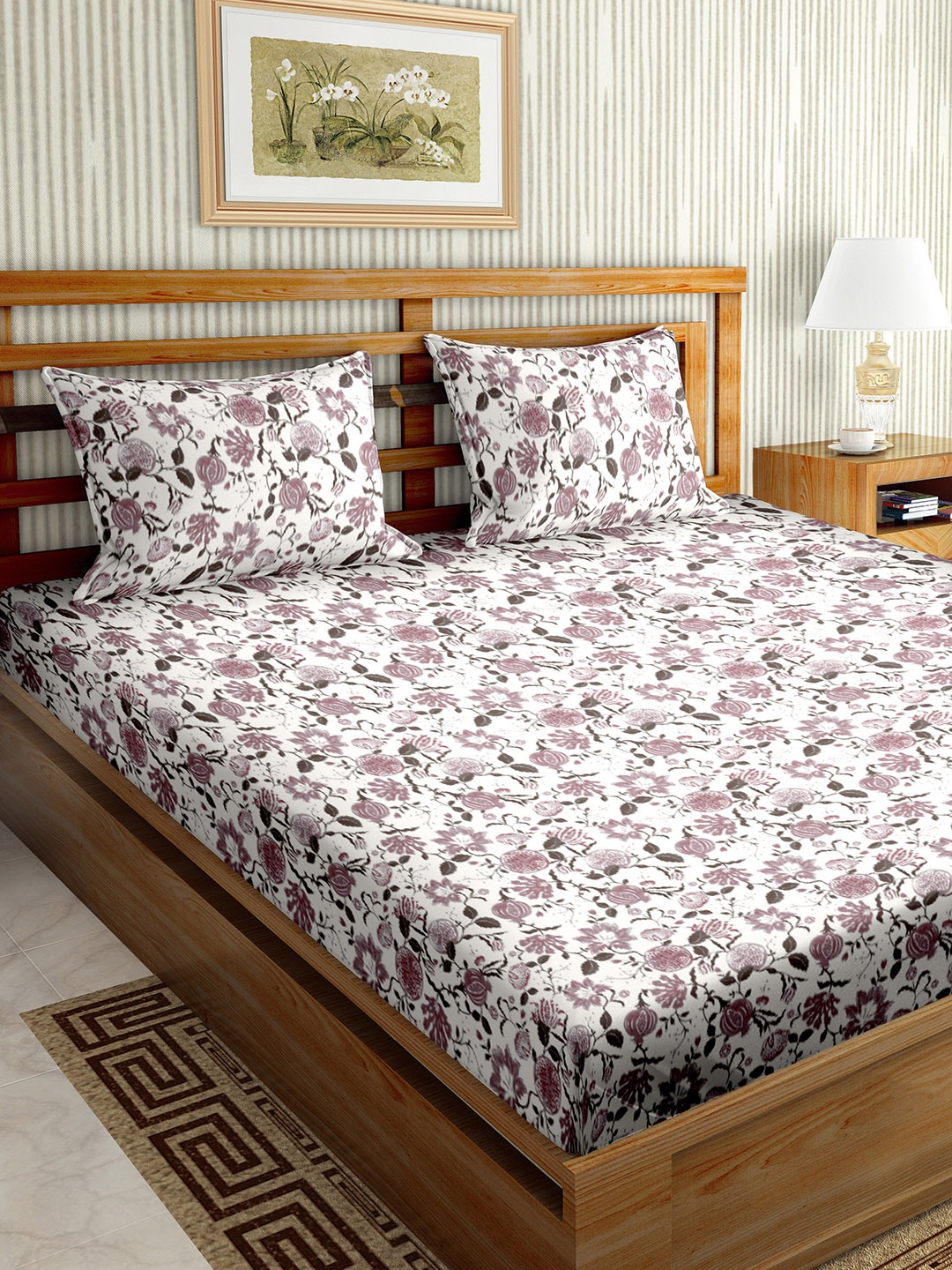 

BELLA CASA Paris White & Pink Floral Cotton 180 TC Super King Bedsheet & 2 Pillow Covers