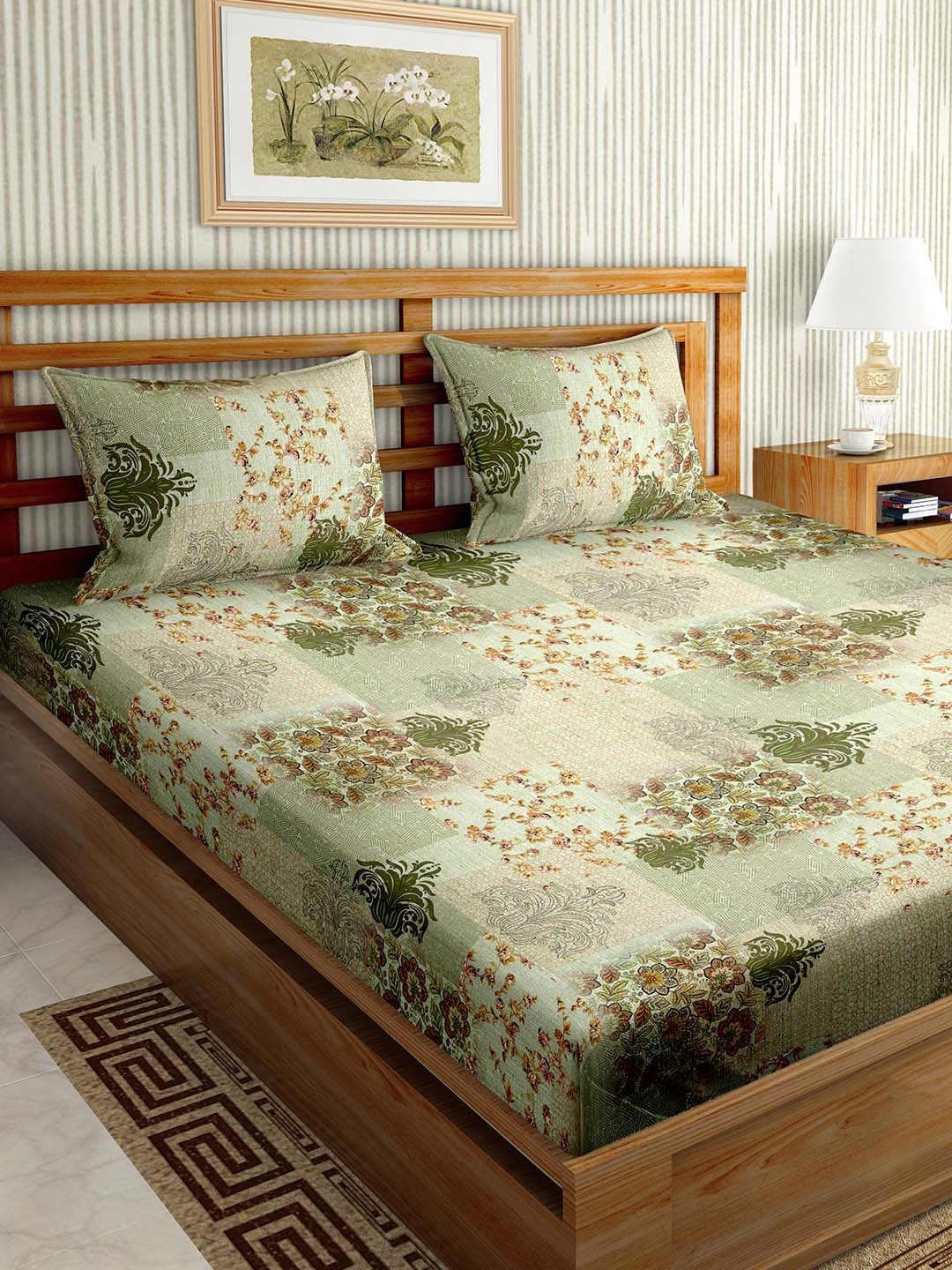 

BELLA CASA Green & Brown Floral Cotton 180 TC King Bedsheet with 2 Pillow Covers