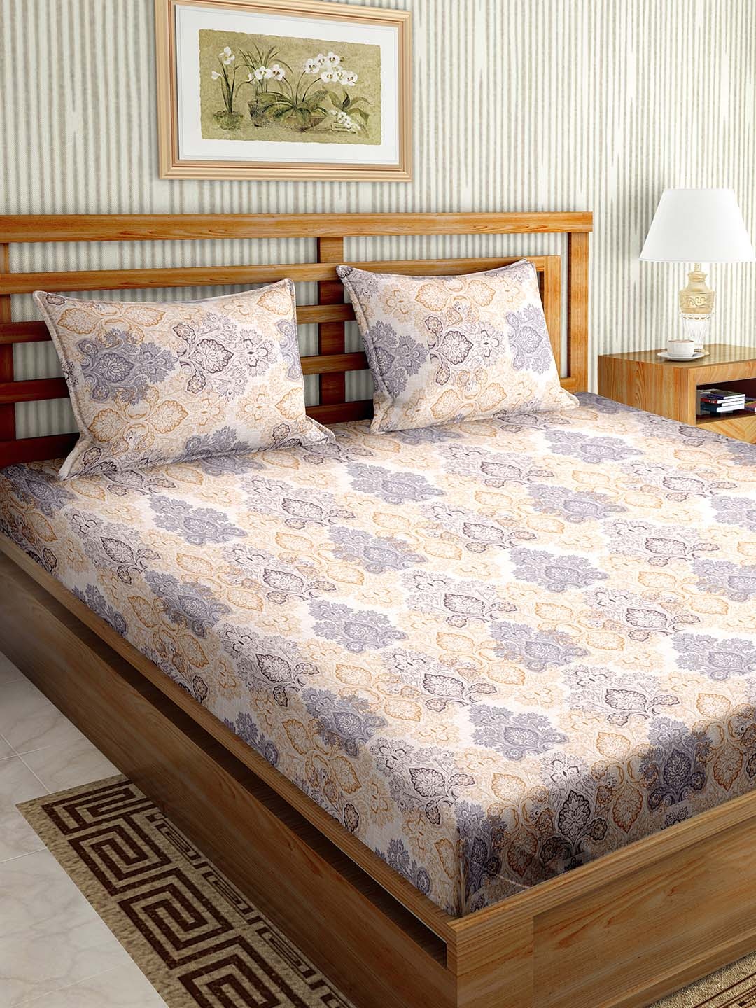 

BELLA CASA White & Yellow Ethnic Motifs Cotton 180 TC King Bedsheet with 2 Pillow Covers