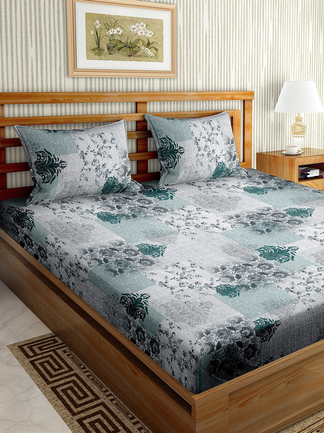 

BELLA CASA Grey & Green Floral Cotton 180 TC King Bedsheet with 2 Pillow Covers