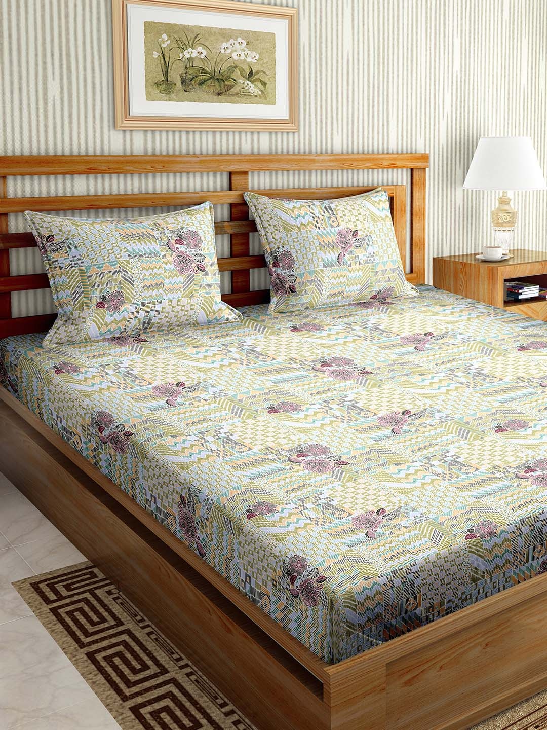 

BELLA CASA Green & Purple Floral Cotton 180 TC King Bedsheet with 2 Pillow Covers