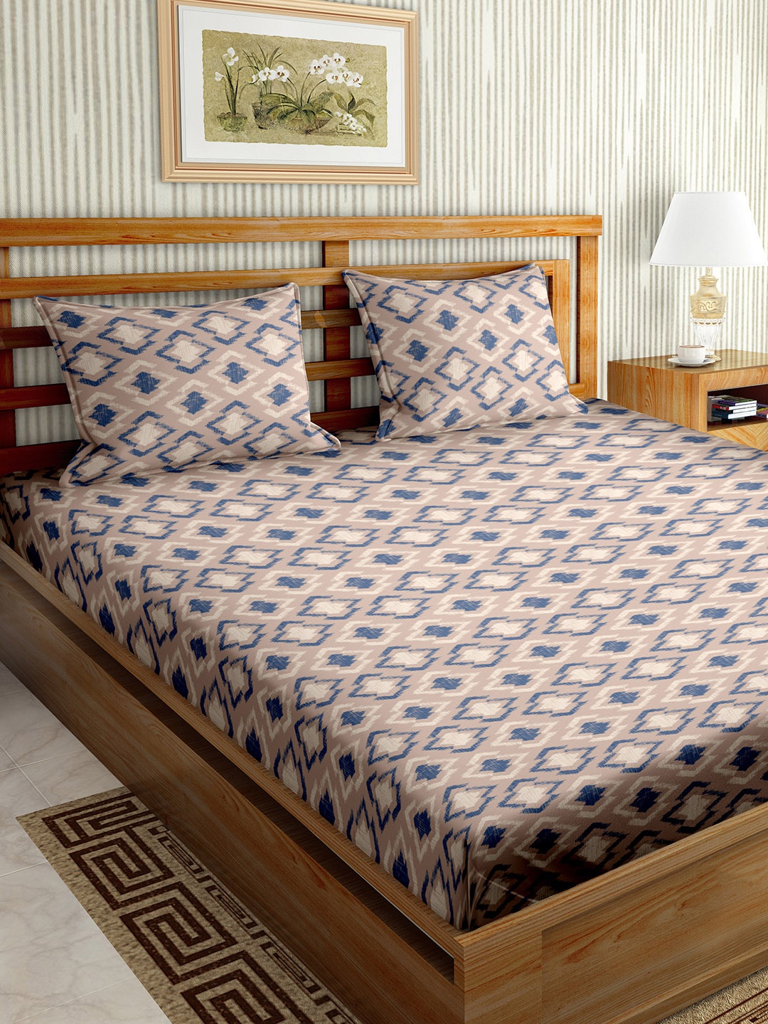 

BELLA CASA Brown & Blue Geometric Cotton 180 TC King Bedsheet with 2 Pillow Covers