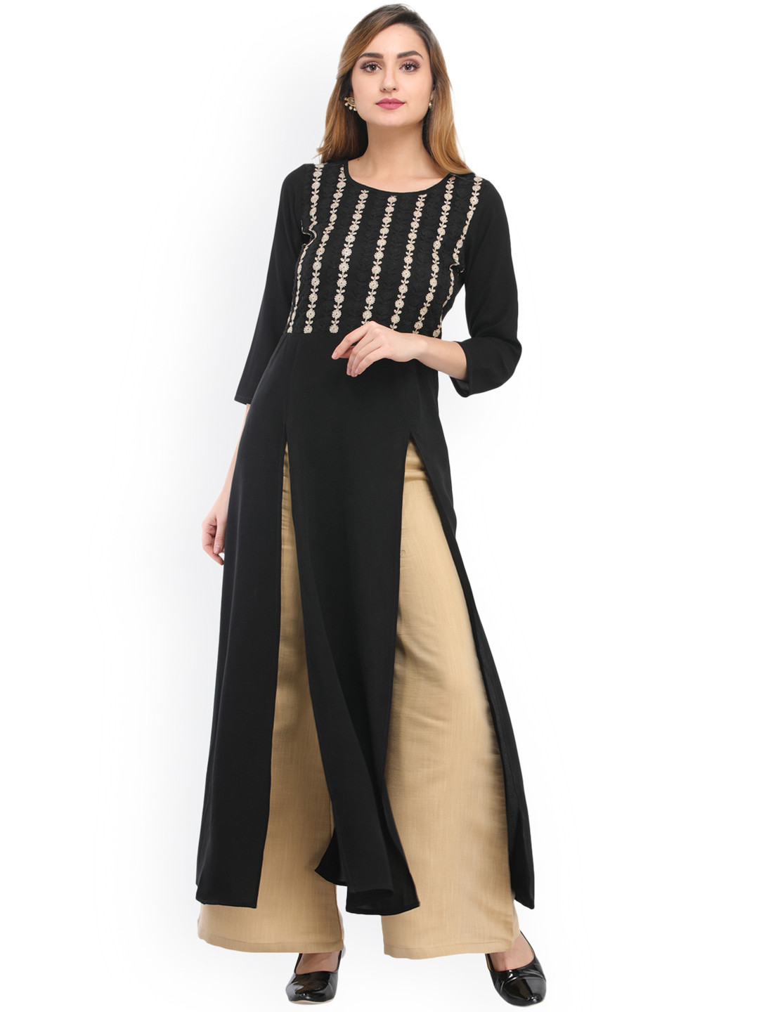 

Cottinfab Women Black Woven Design Straight Kurta