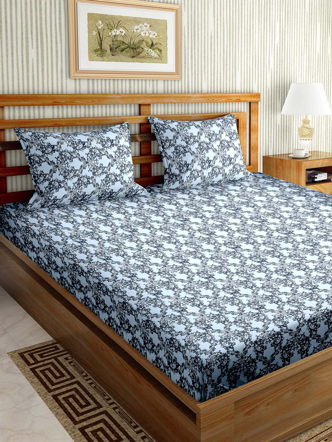 

BELLA CASA Blue Ethnic Motifs Cotton 180 TC King Bedsheet with 2 Pillow Covers