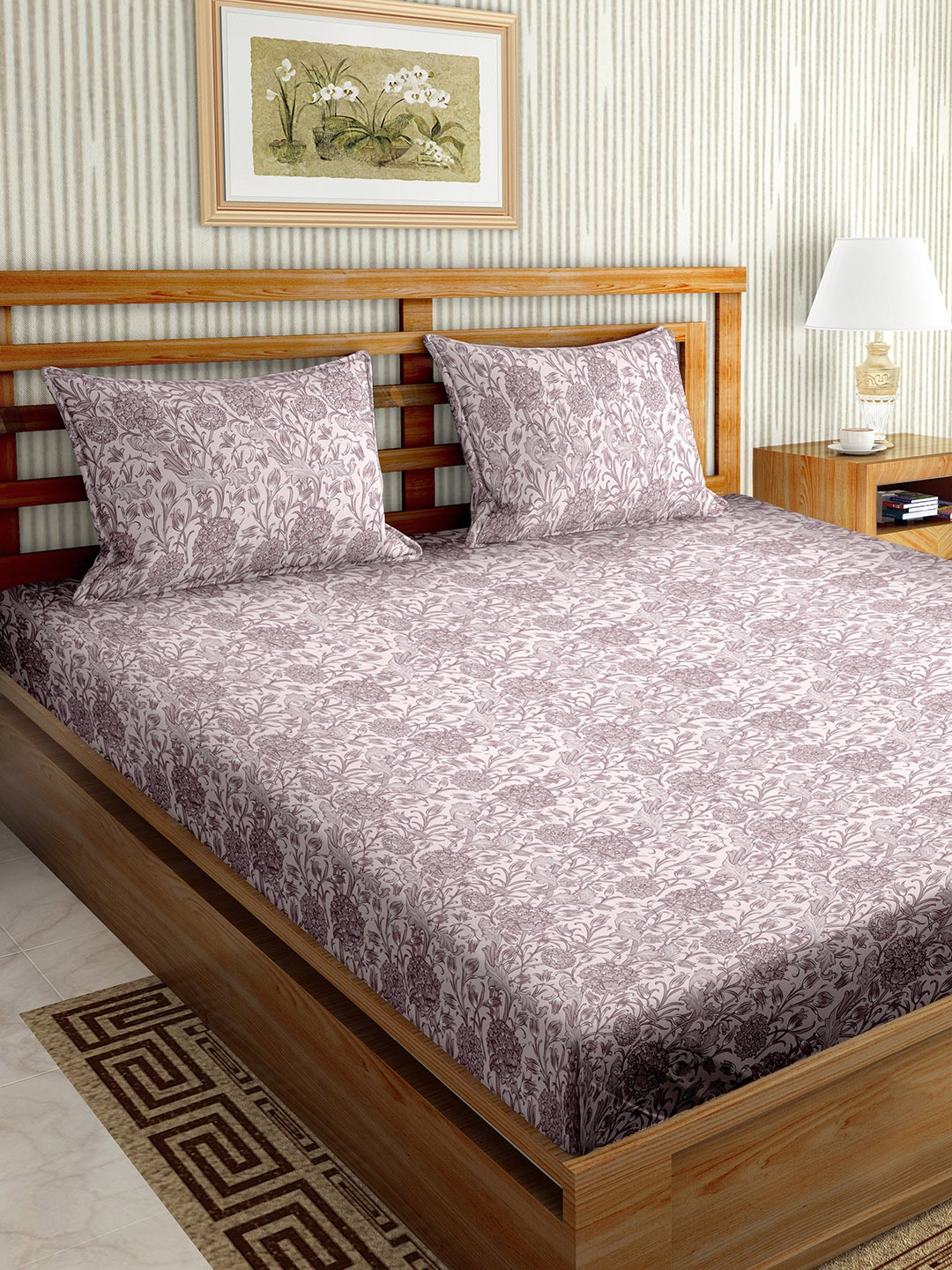 

BELLA CASA Purple Floral 180 TC Cotton King Bedsheet with 2 Pillow Covers