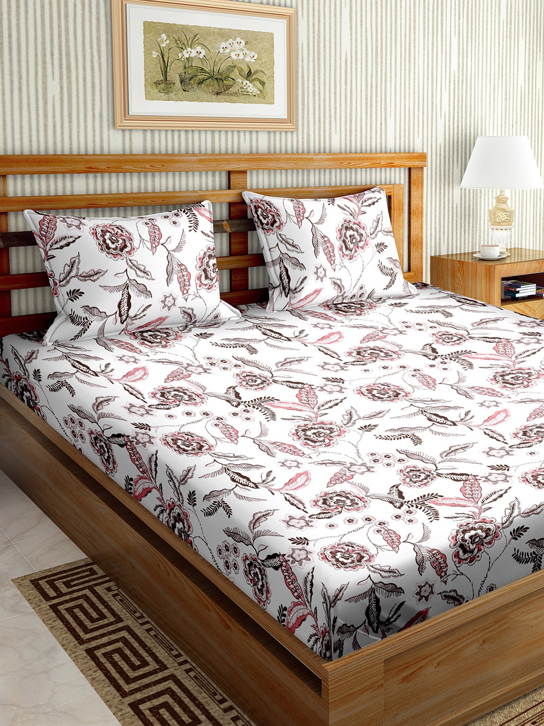 

BELLA CASA Paris Collection White & Pink Floral 180 TC King Bedsheet with 2 Pillow Covers