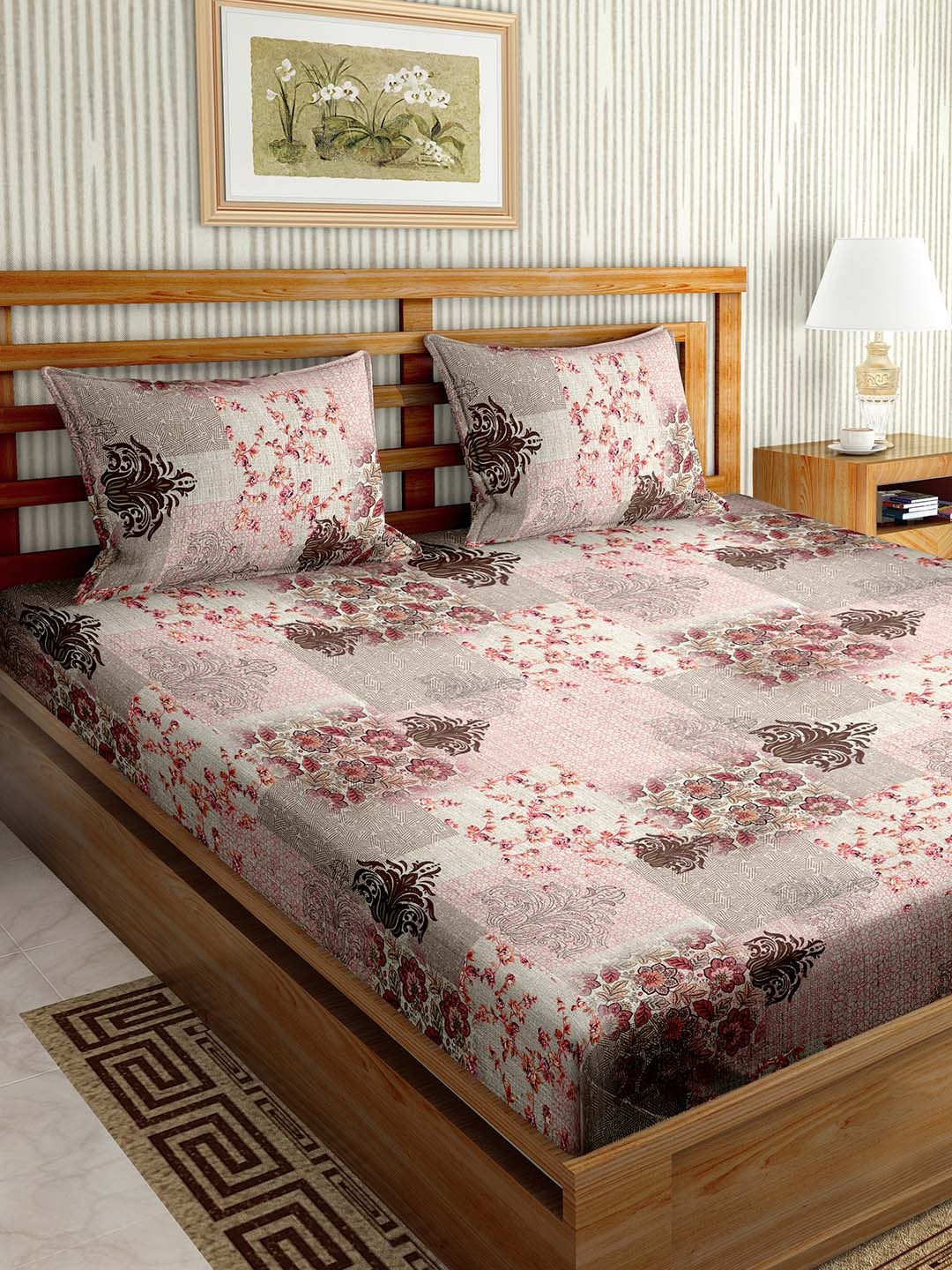 

BELLA CASA Paris Collection Brown Floral Cotton 180 TC King Bedsheet with 2 Pillow Covers