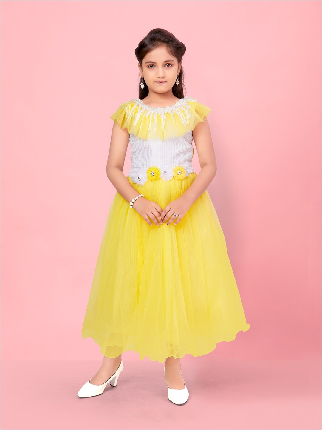 

BAESD Girls Self Design Corsage Detailed Fit & Flare Midi Dress, Yellow