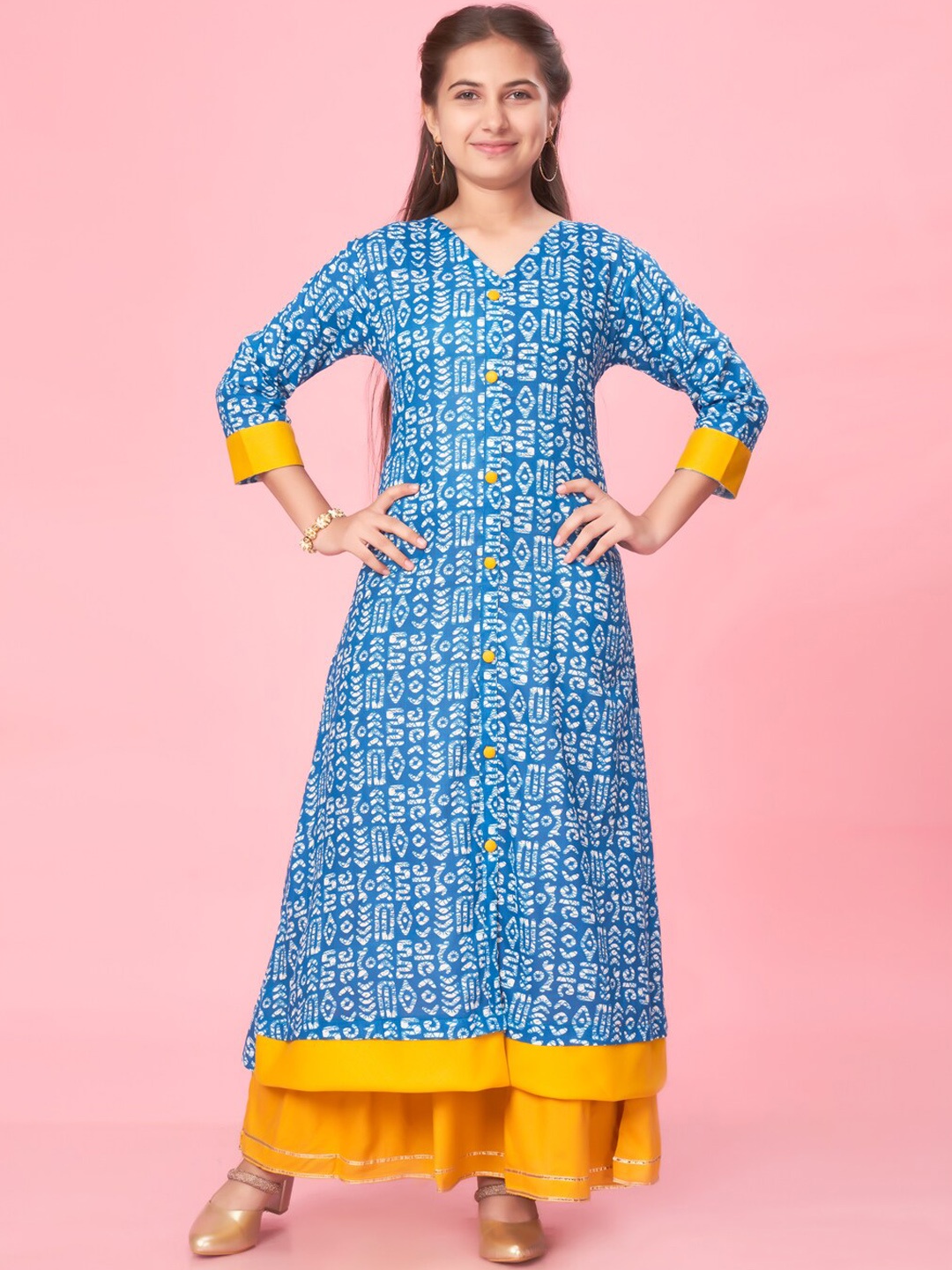 

BAESD Girls Tribal Printed V Neck Anarkali Kurta, Blue