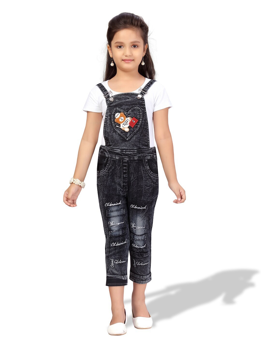 

BAESD Girls Applique Pure Cotton Dungaree, White