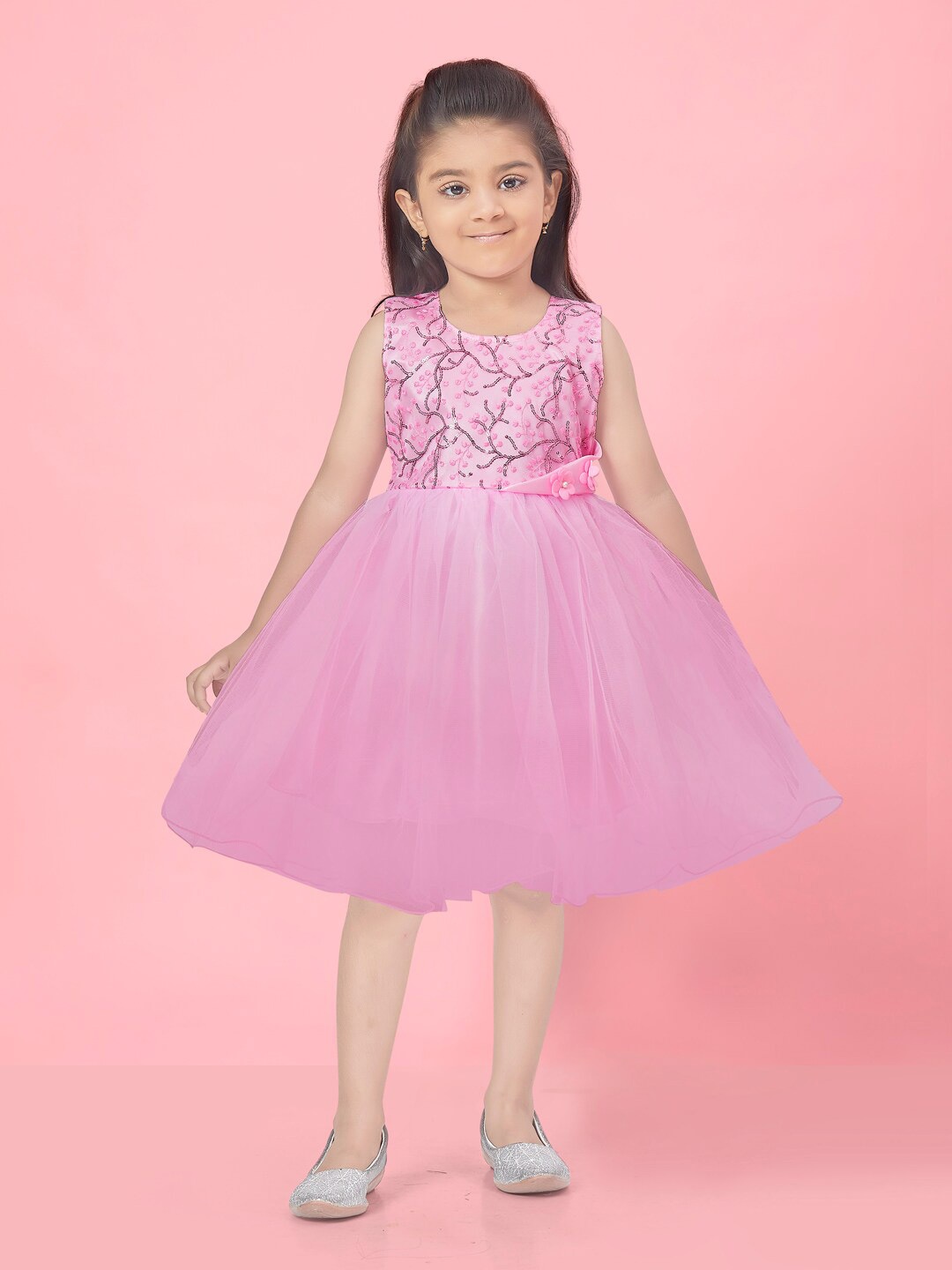 

BAESD Girls Floral Embroidered Sequinned Detailed Fit & Flare Dress, Pink