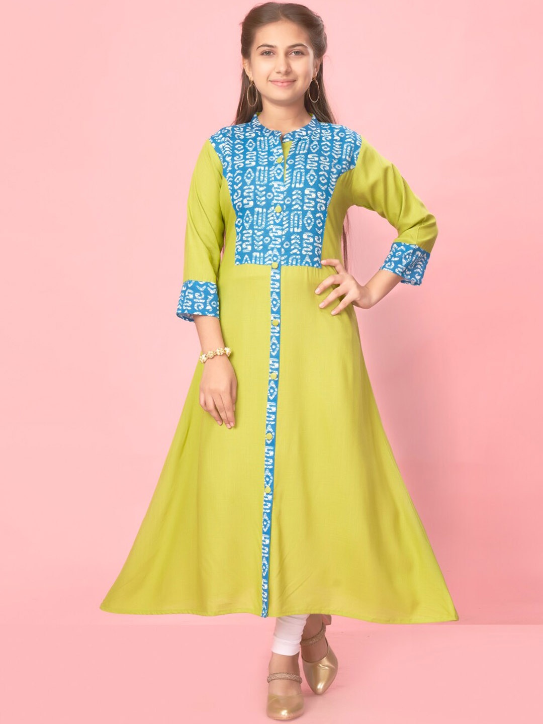 

BAESD Girls Tribal Yoke Design Band Collar A-Line Kurta, Lime green