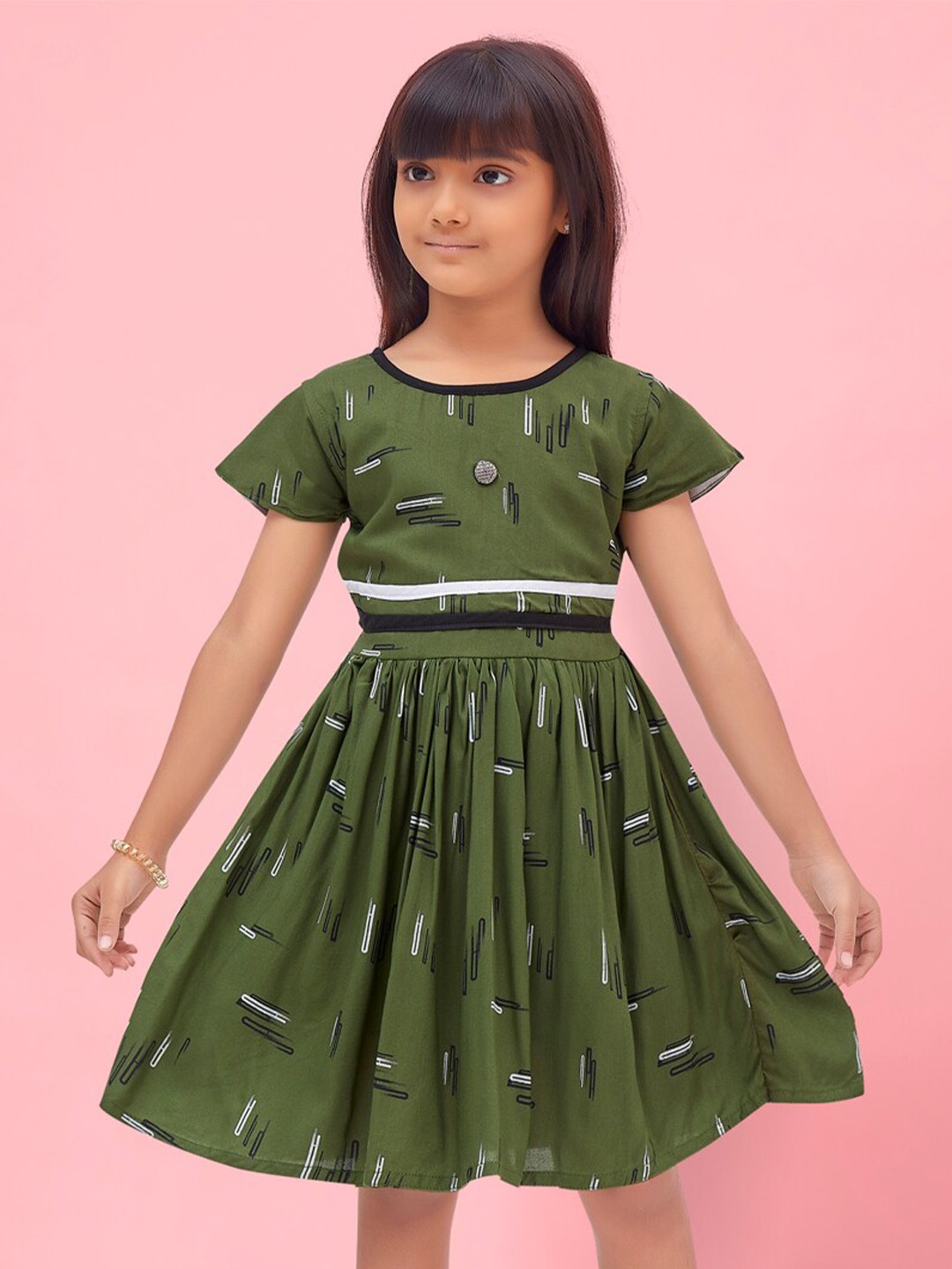 

BAESD Girls Round Neck Petal Sleeve Gathered Conversational Dress, Olive