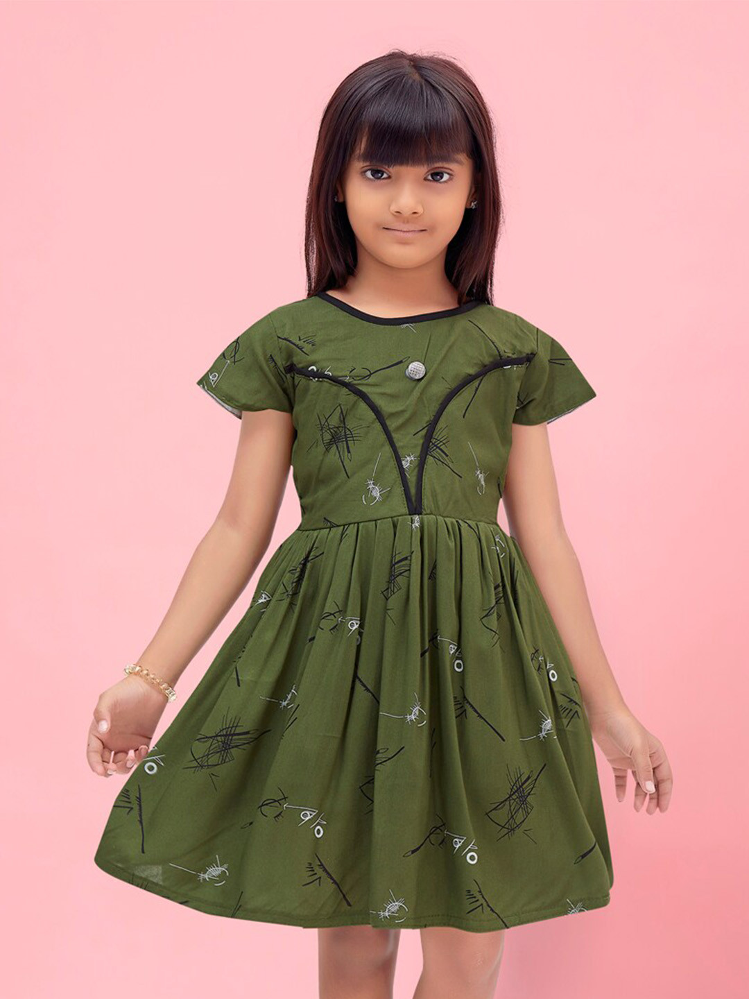 

BAESD Girls Round Neck Cape Sleeve Conversational Printed Pleated A-Line Dress, Olive