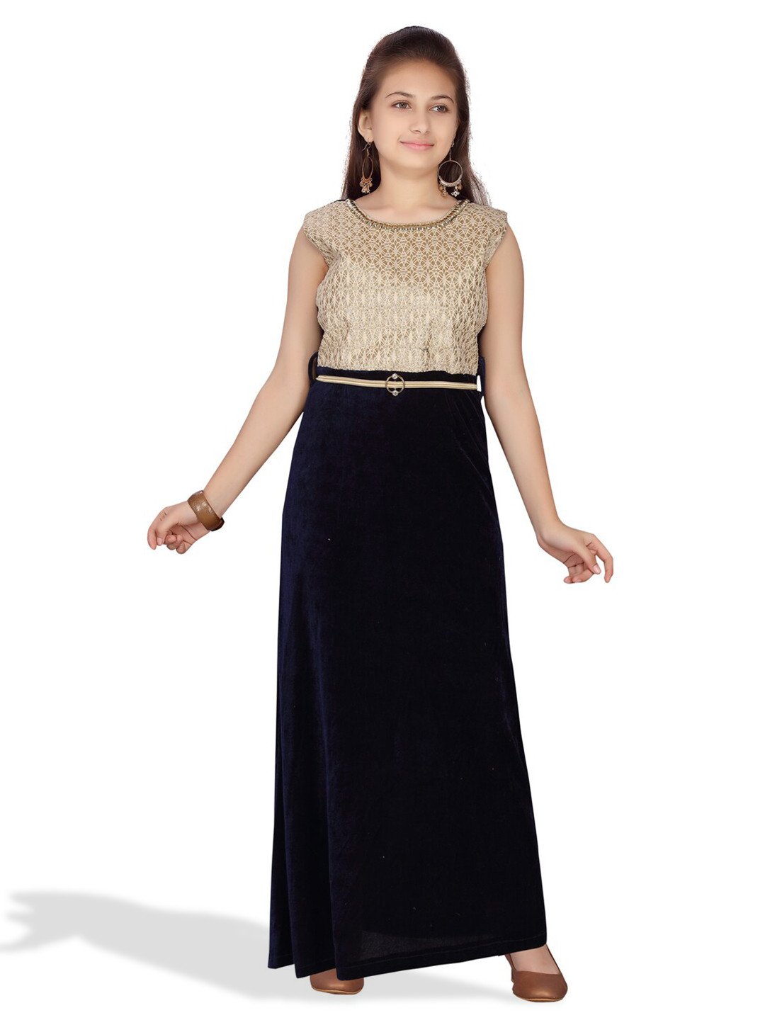 

BAESD Girls Self Designed Belt Detailed Round Neck Velvet Gown Dress, Navy blue