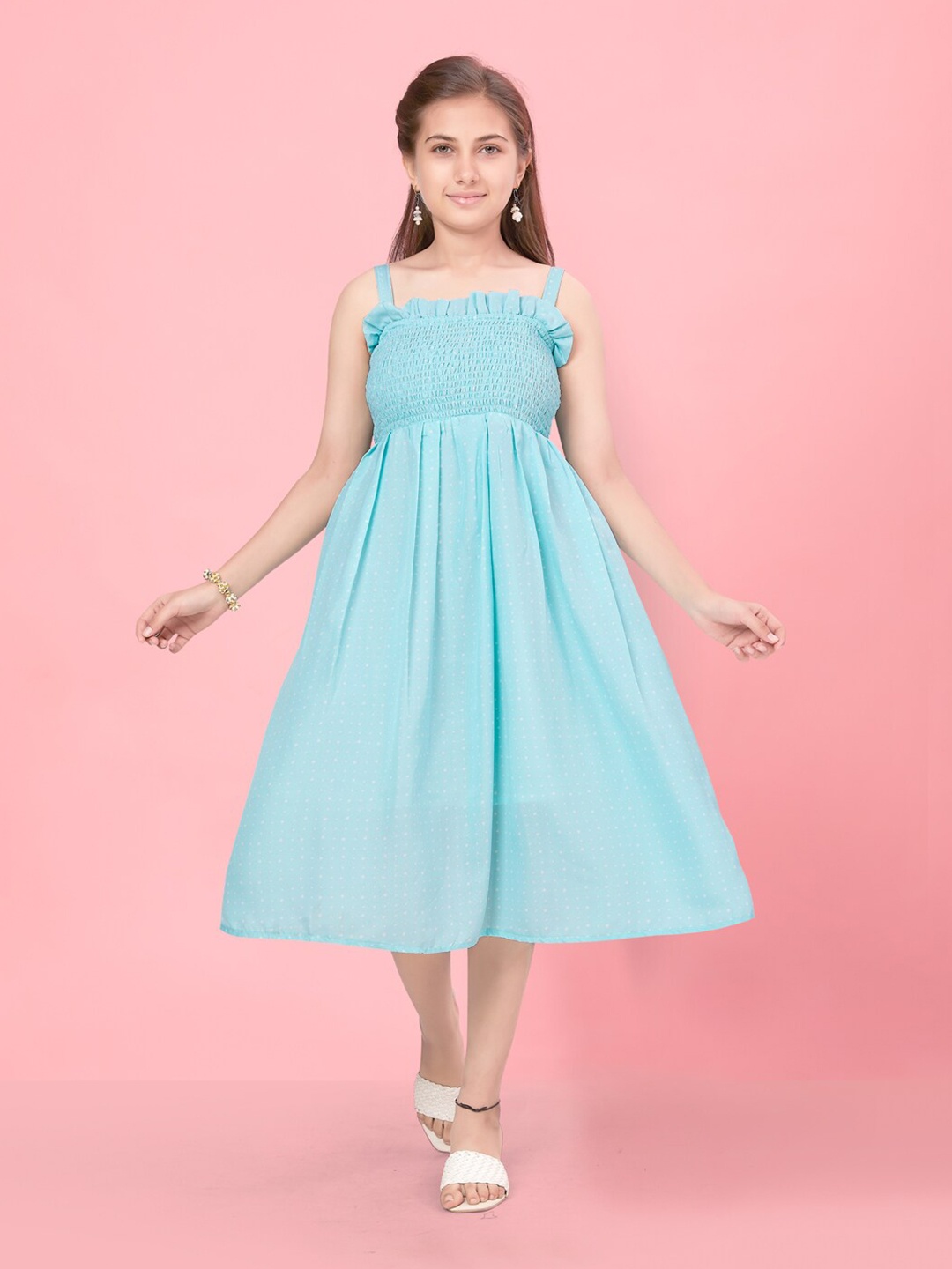 

BAESD Girls Shoulder Strap Smocked A-Line Cotton Midi Dress, Turquoise blue