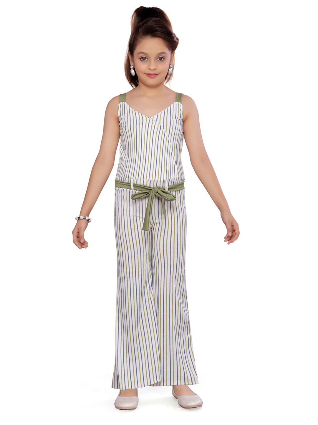

BAESD Girls Printed Pure Cotton Waist Tie-Ups Wide Leg Jumpsuit, Green