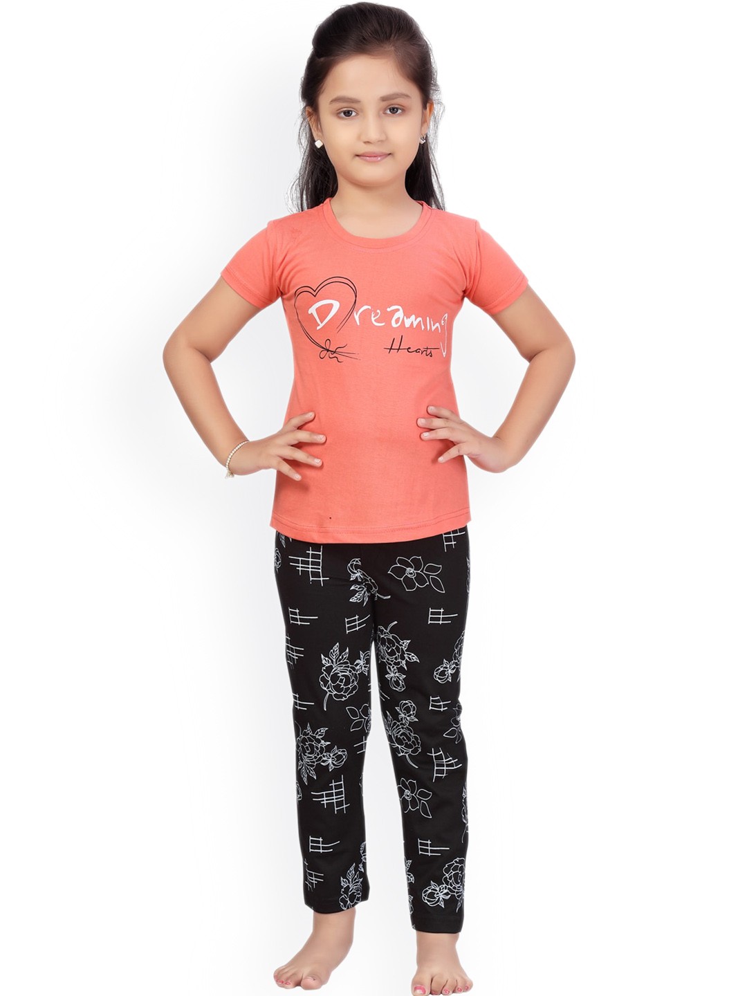 

BAESD Girls Printed T-Shirt with Pyjamas, Peach