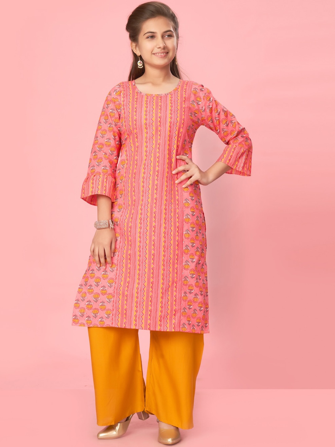 

BAESD Girls Ethnic Motifs Round Neck Flared Sleeves Kurta, Pink