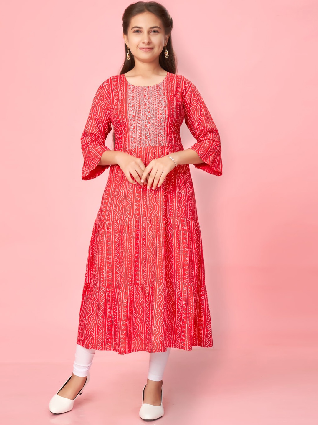 

BAESD Girls Bandhani Printed Round Neck Bell Sleeves A-Line Kurta, Red
