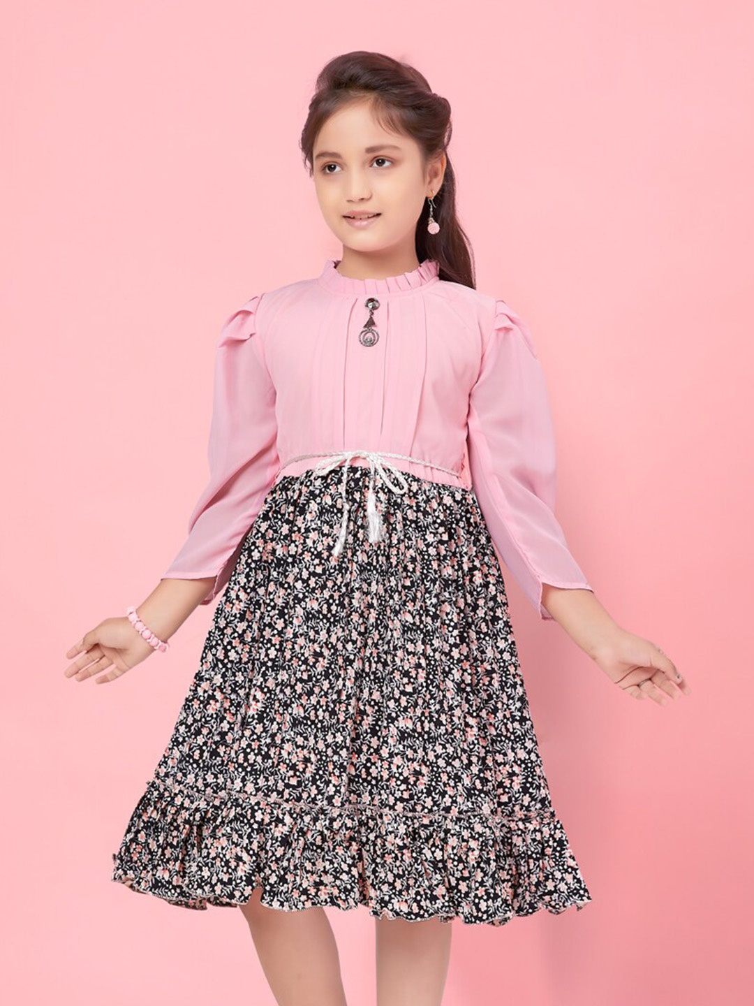 

BAESD Girls Pleated detail Floral Print Fit & Flare Dress, Peach