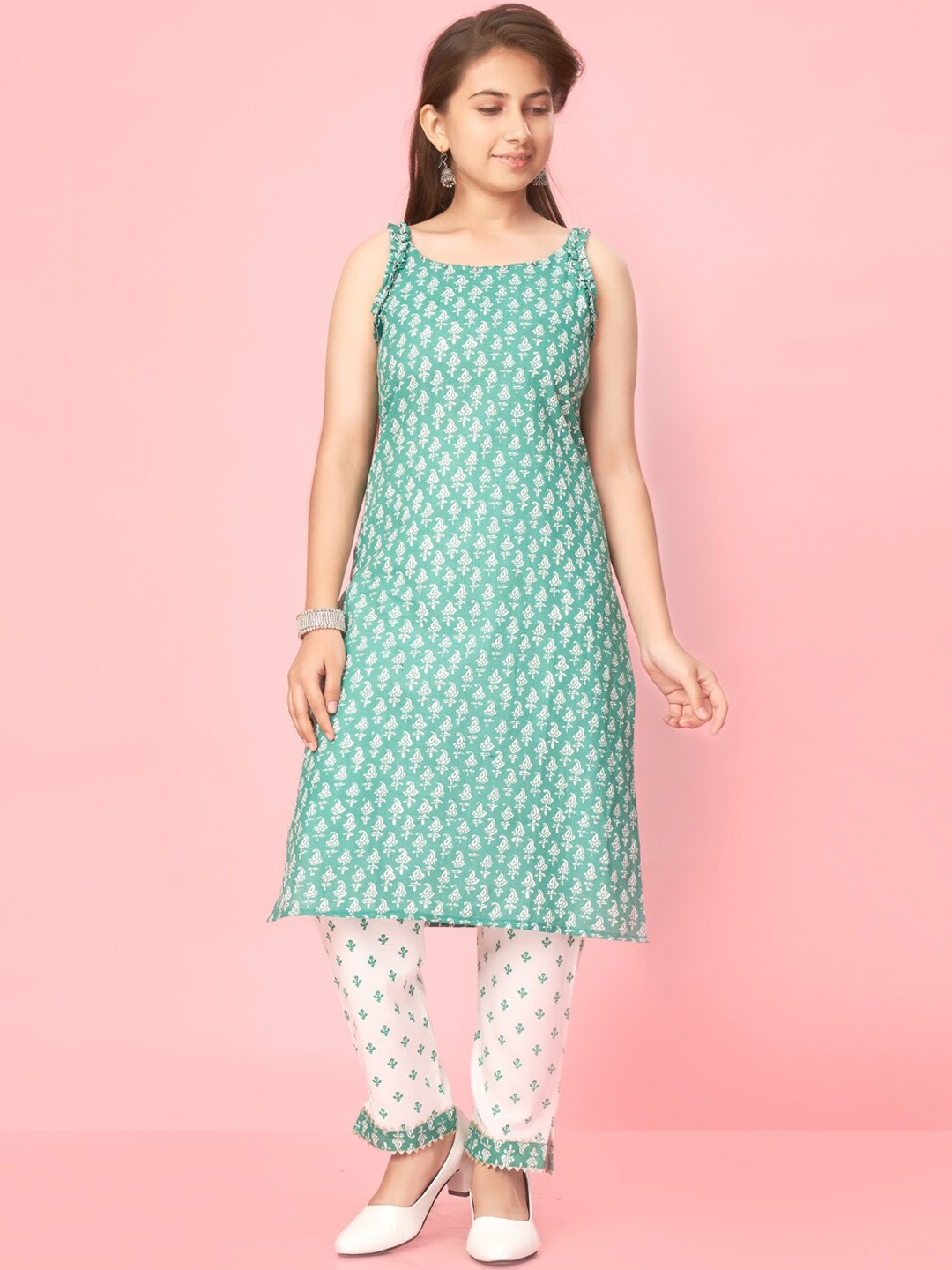 

BAESD Girls Sea Green Floral Printed Pure Cotton Top with Trousers