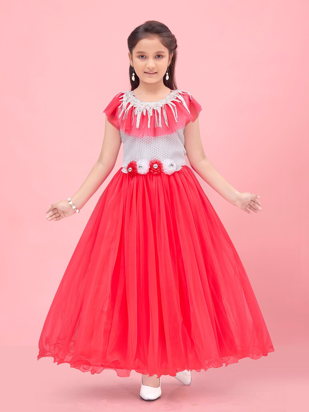 

BAESD Girls Self Design Fringed Fit & Flare Maxi Dress, Red