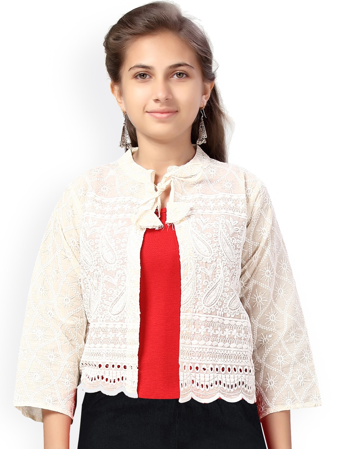

BAESD Girls Floral Crop Open Front Cotton Jacket With Embroidered, Cream