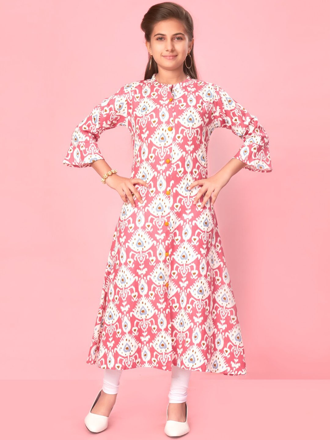 

BAESD Girls Floral Printed Mandarian collar Bell Sleeves A-Line Kurta, Pink