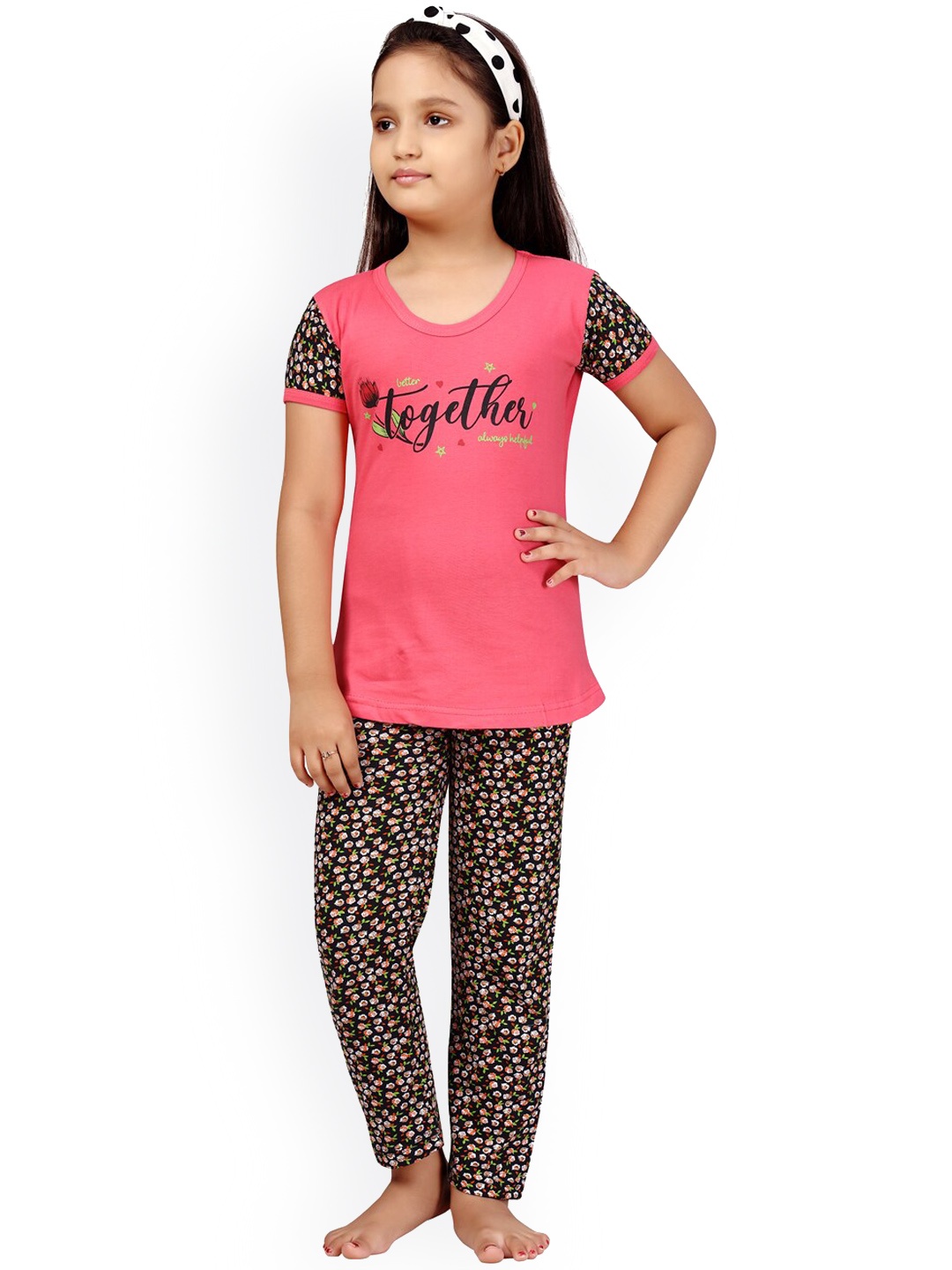

BAESD Girls Typography Printed Pure Cotton Night Suit, Pink