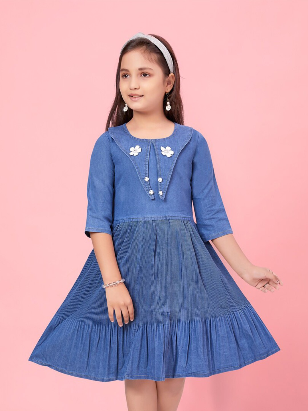 

BAESD Girls Round Neck Gathered Tiered Cotton A-Line Dress, Blue