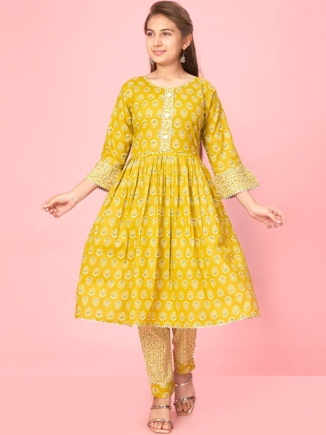 

BAESD Girls Ethnic Motifs Pure Cotton Anarkali Kurta with Trousers, Yellow