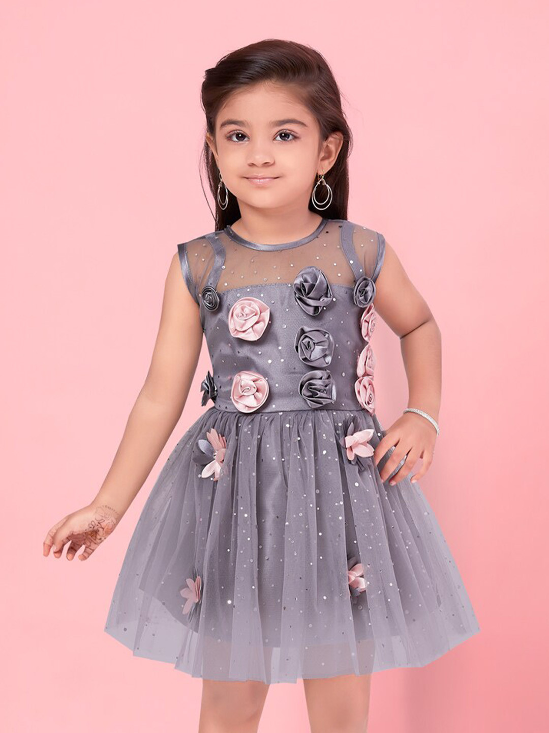 

BAESD Girls Embellished Round Neck Gathered Fit & Flare Dress, Grey