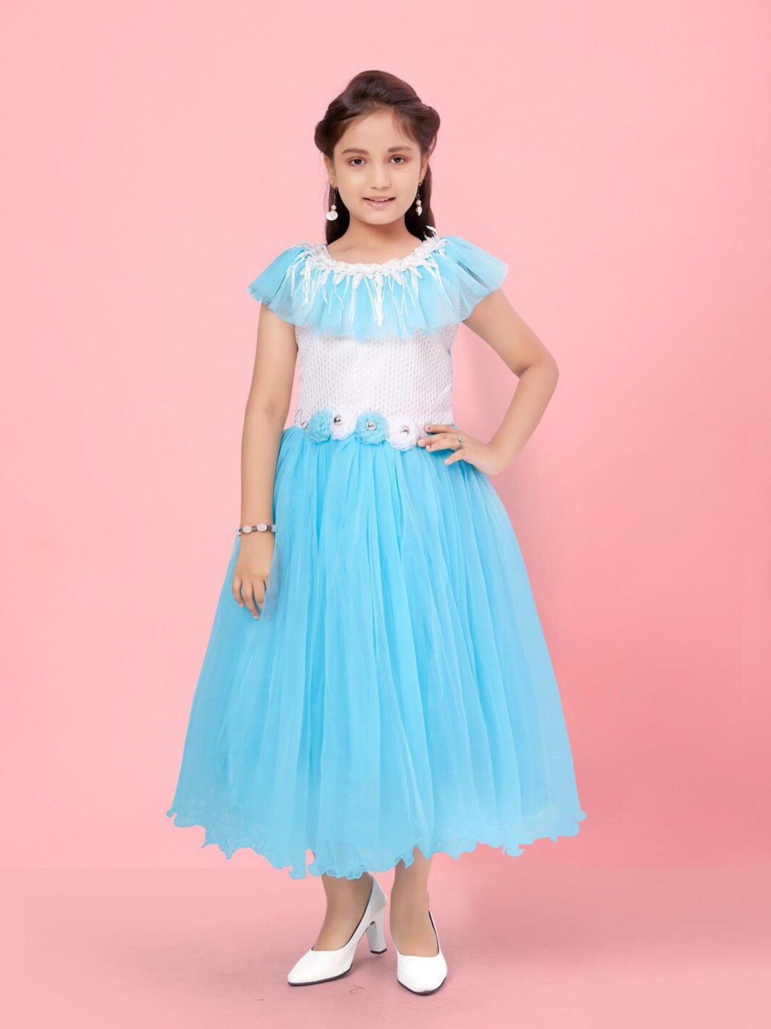 

BAESD Girls Round Neck Ruffled Detailed Fit & Flare Midi Dress, Turquoise blue