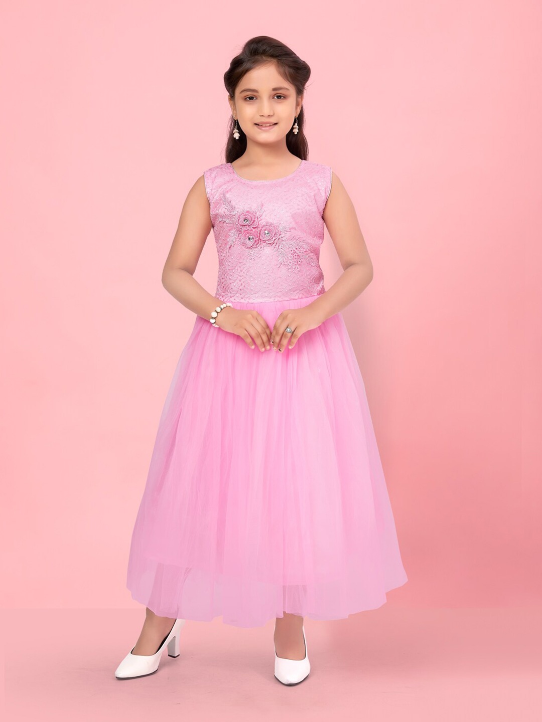

BAESD Girls Embellished Round Neck Gathered Detailed Fit & Flare Maxi Dress, Pink