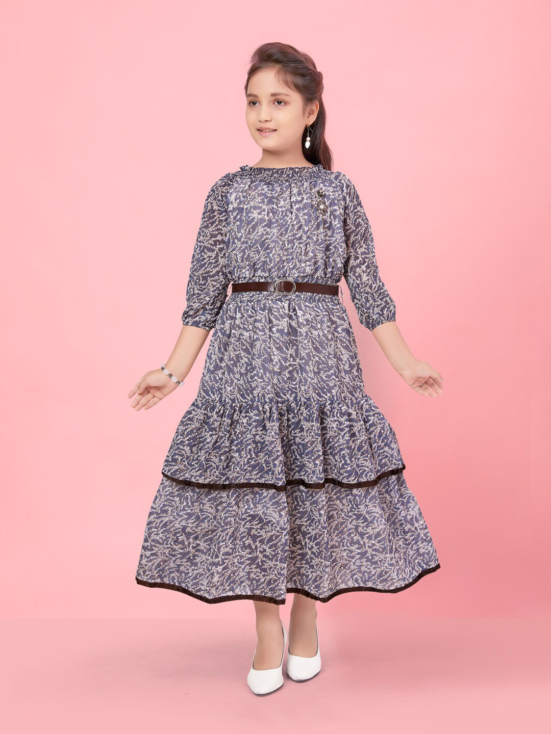 

BAESD Girls Abstract Printed Smocked Detailed Georgette Maxi Dress, Grey