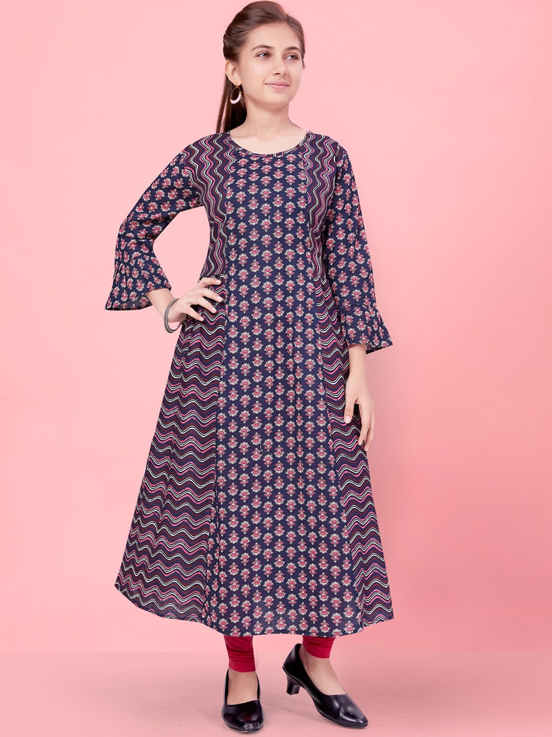 

BAESD Girls Floral Printed Bell Sleeves Panelled A- Line Kurta, Navy blue