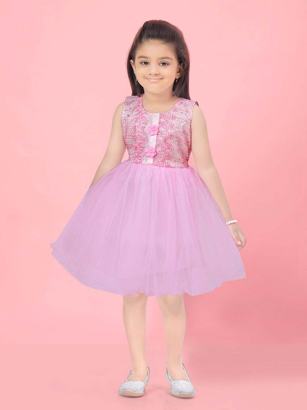 

BAESD Girls Floral Embroidered Sleeveless Net Fit & Flare Dress, Pink