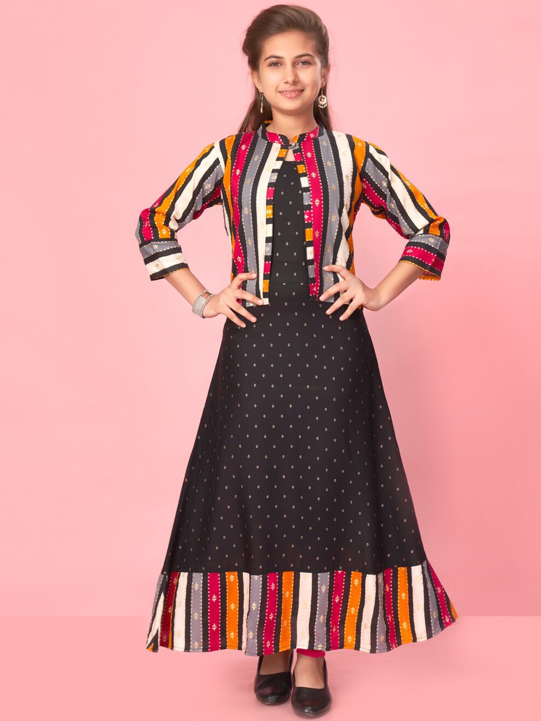 

BAESD Girls Striped Round Neck A-line Kurta With Jacket, Black