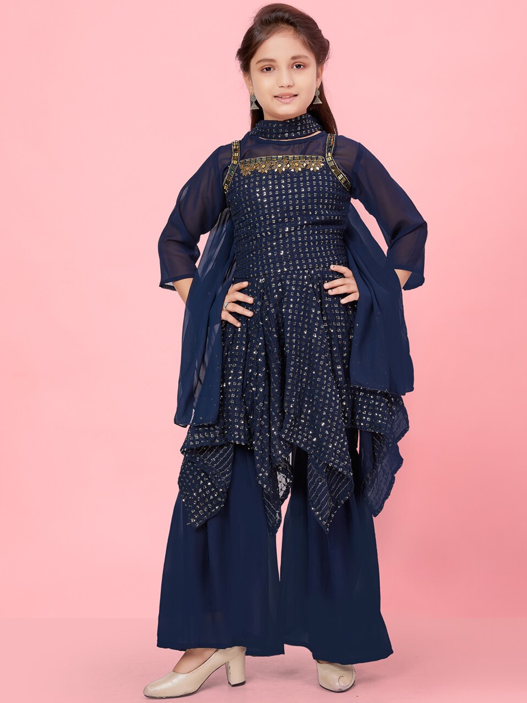 

BAESD Girls Sequinned A-Line Kurta with Sharara & Dupatta, Navy blue